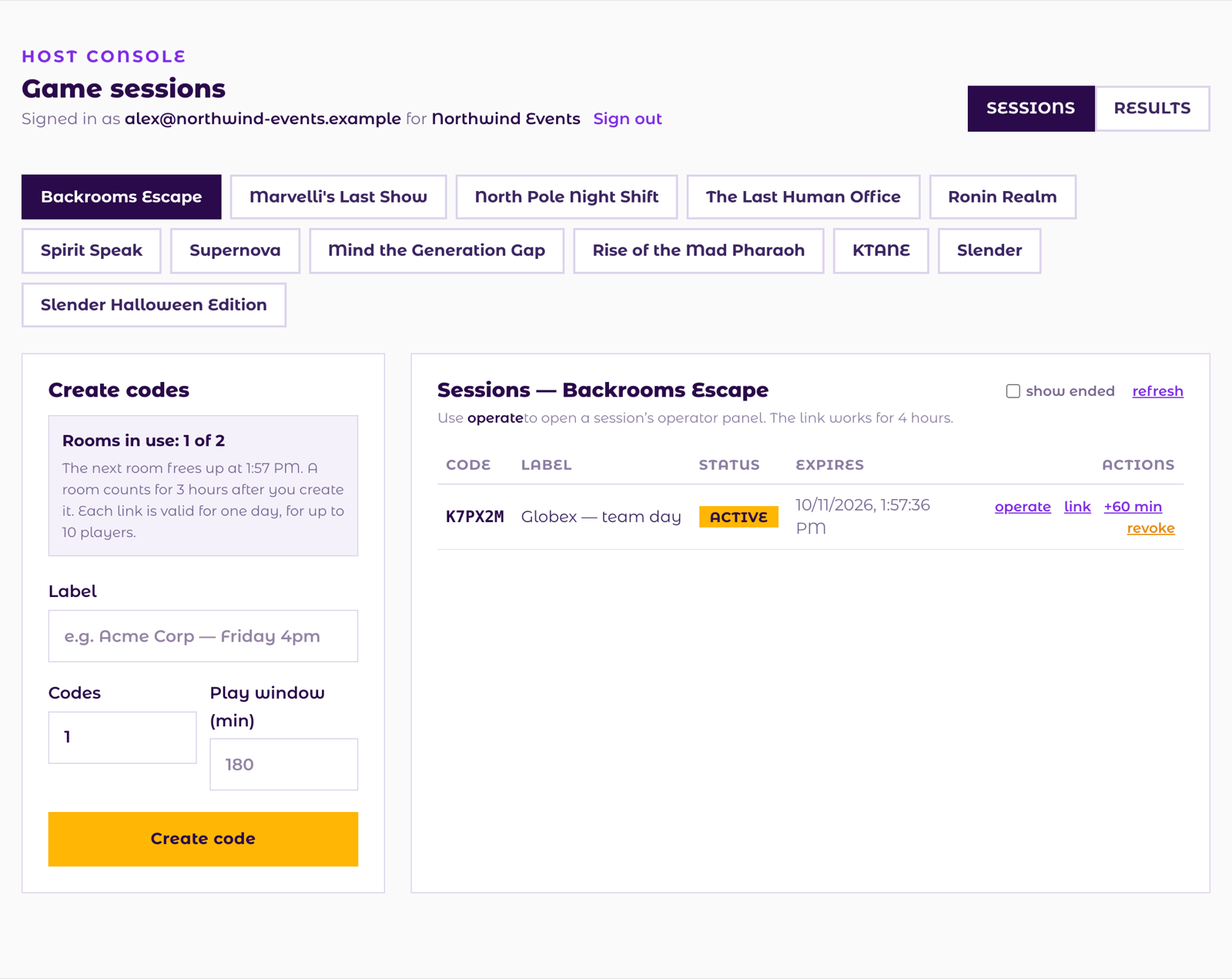 The host console: game tabs at the top, the Create codes panel on the left and the sessions list on the right
