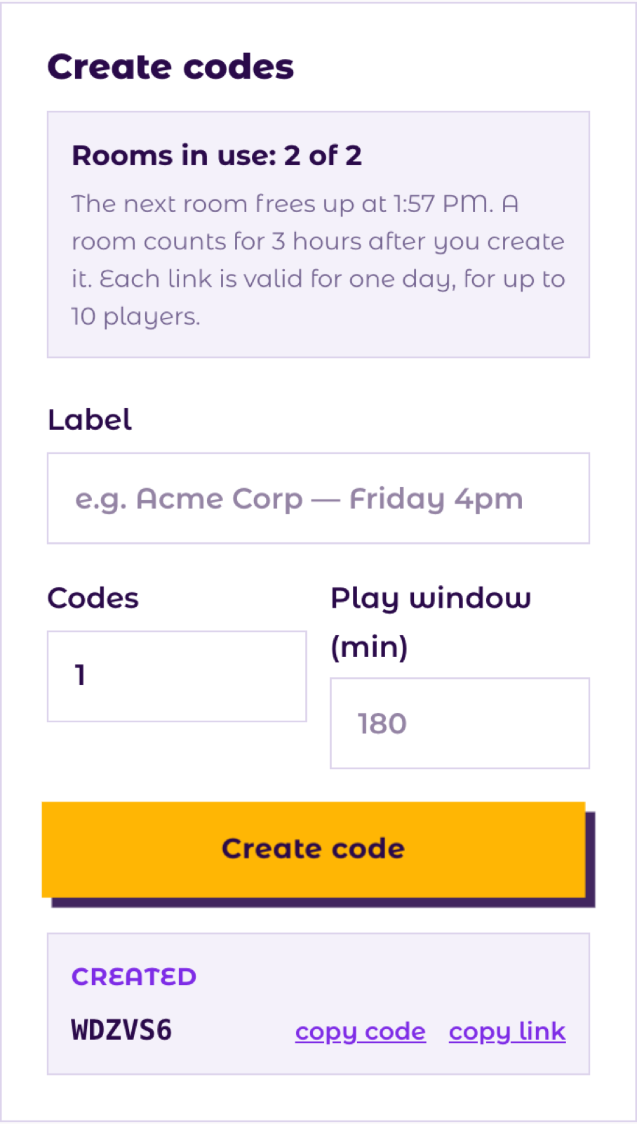 The Create codes panel after a code was made, with copy code and copy link