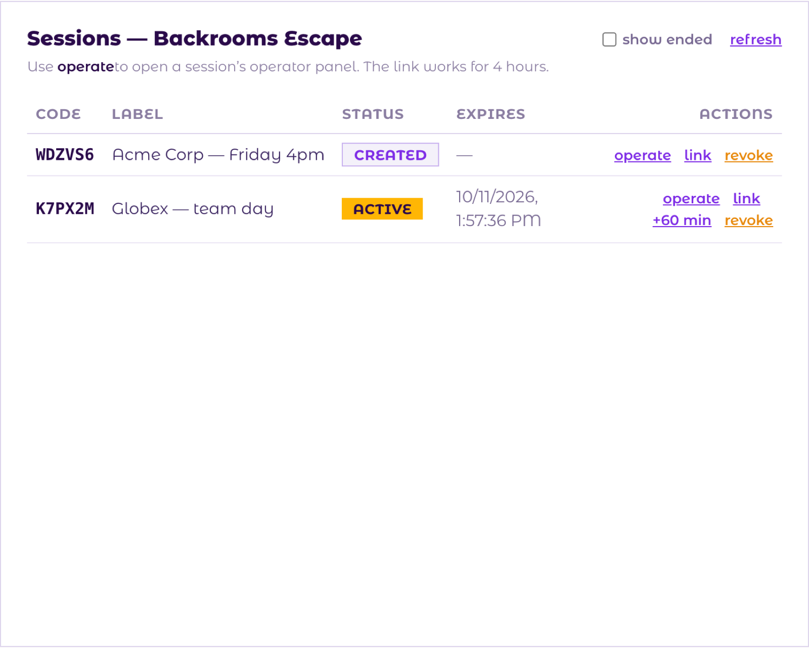 The sessions list with a waiting session and an active session, and the links operate, link, +60 min and revoke