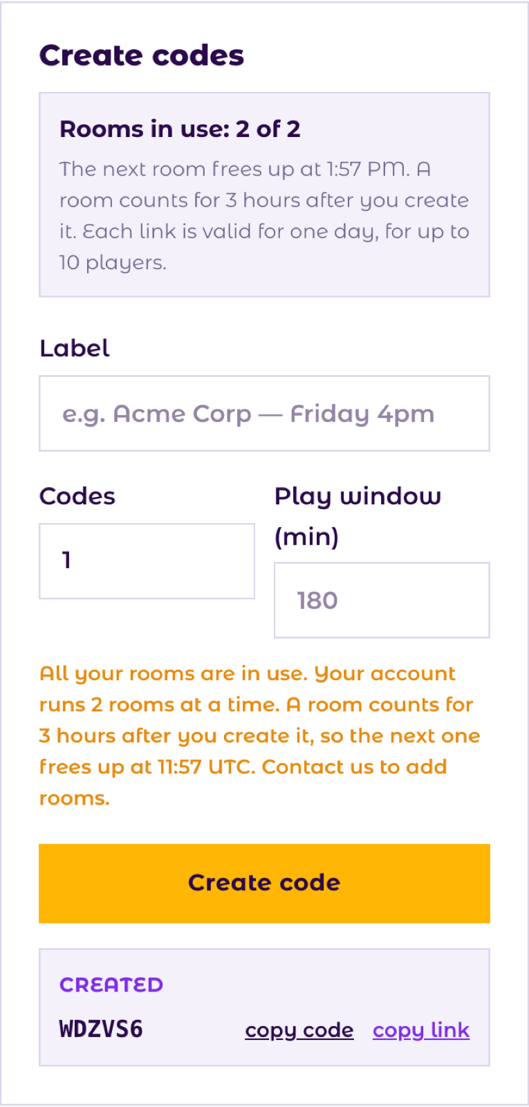 The message All your rooms are in use, with the time that the next room is free