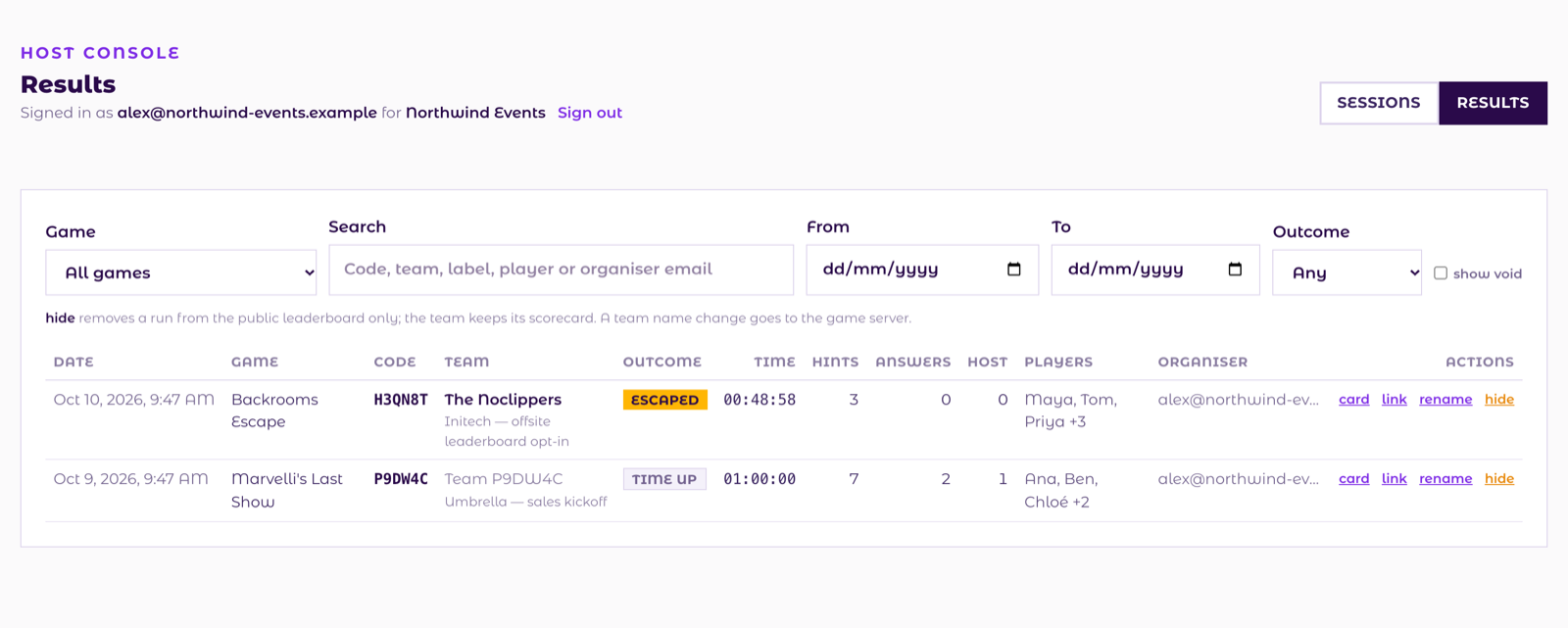 The Results view with filters for game, search, dates and outcome, and a table of team results