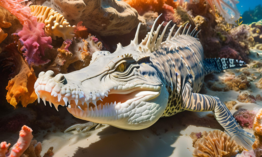 crocodile swimming in coral reef