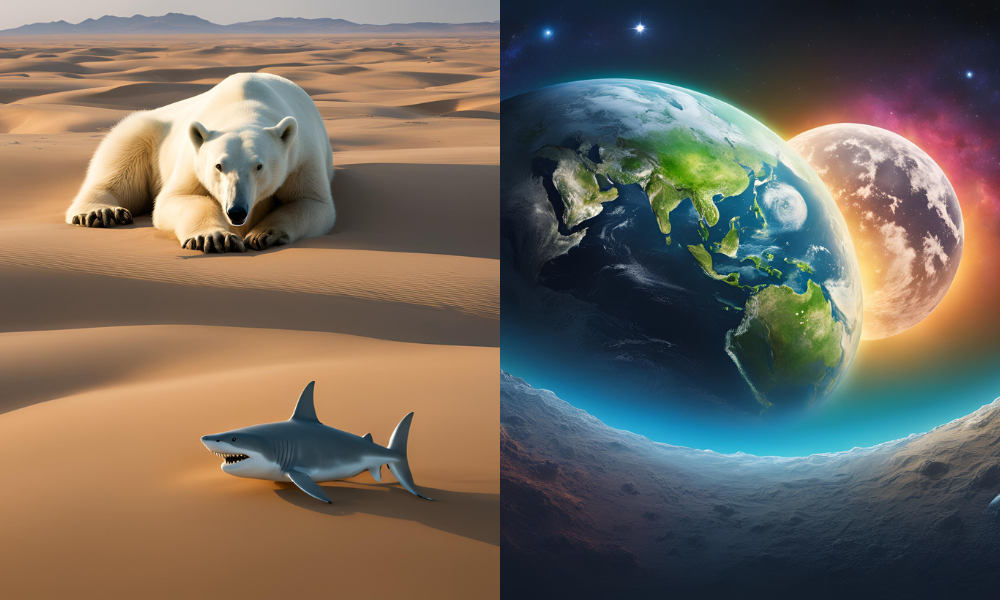 Polar bear and shark and space