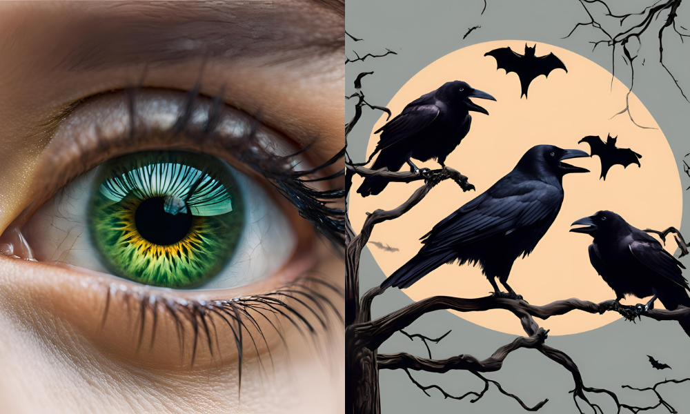 Human eye and murder of crows