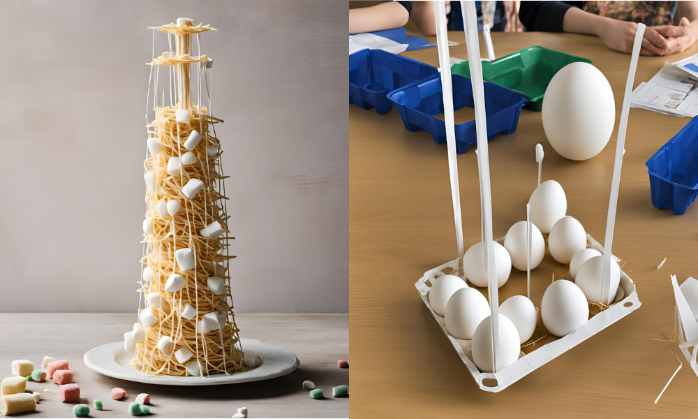 team-building problem-solving activities ideas marshmallow spaghetti tower and egg drop problem solving team games