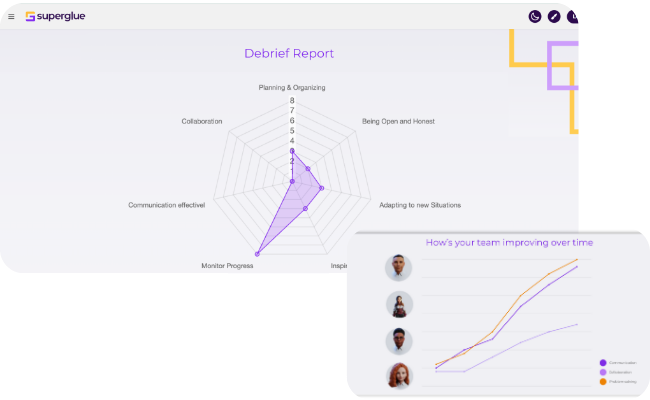 Superglue debrief report with team skill radar chart