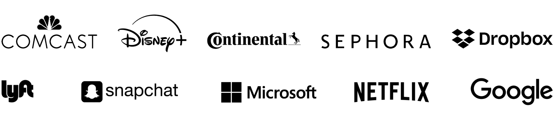 Client logos: Comcast, Disney+, Continental, Sephora, Dropbox, Lyft, Snapchat, Microsoft, Netflix and Google