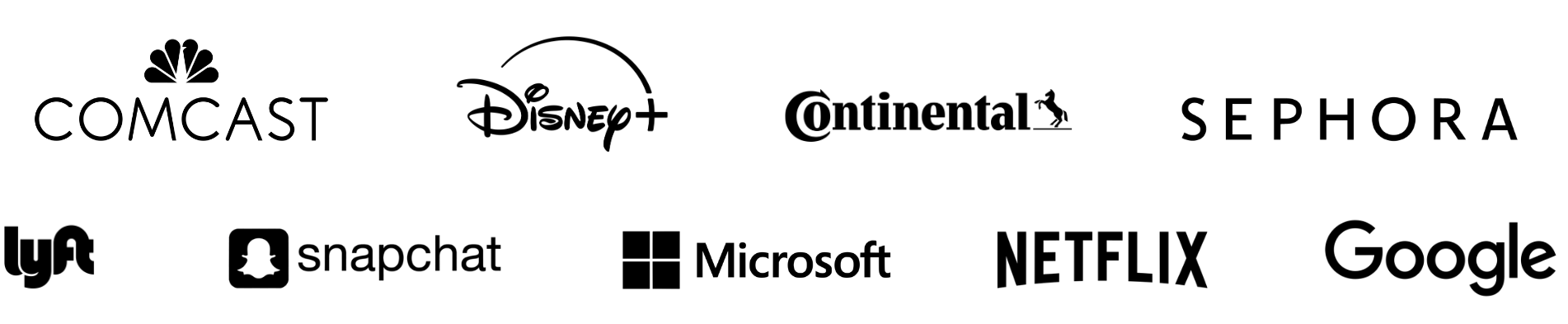Client logos: Comcast, Disney+, Continental, Sephora, Lyft, Snapchat, Microsoft, Netflix and Google